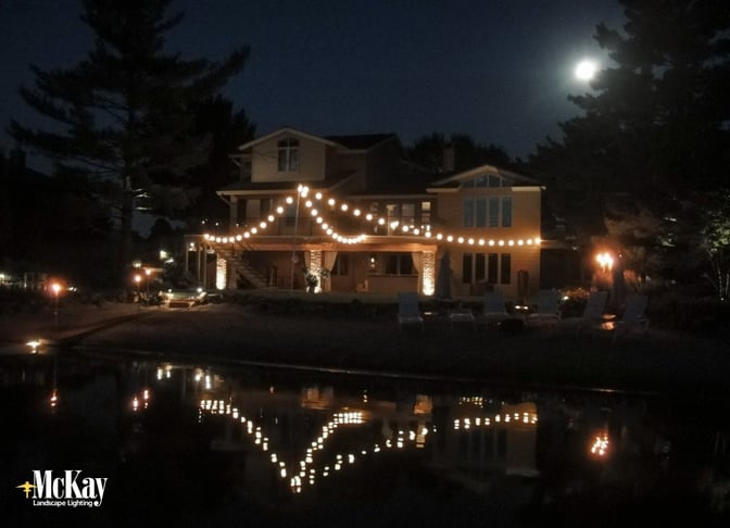Lakefront backyard with outdoor string lights nebraska  
