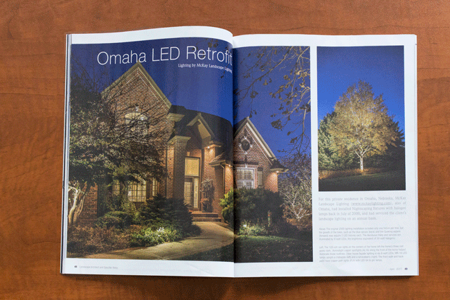 Landscape Architect & Specifier News Article featuring McKay Landscape Lighting's Halogen to LED conversion Omaha NE