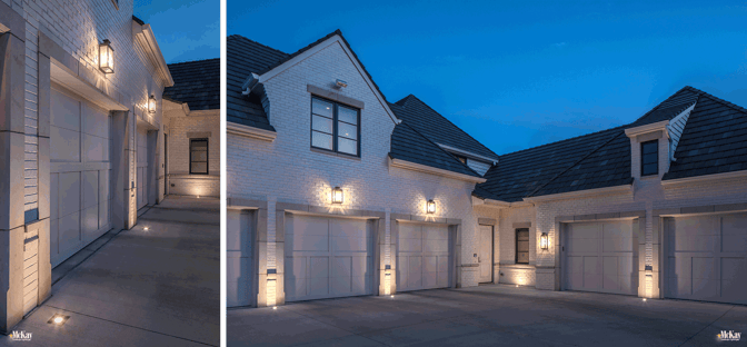 Landscape lighting adds a unique nighttime curb appeal to this garage while making the area much safer. Click to learn and see more well lighting ideas... | McKay Landscape Lighting - Omaha Nebraska 