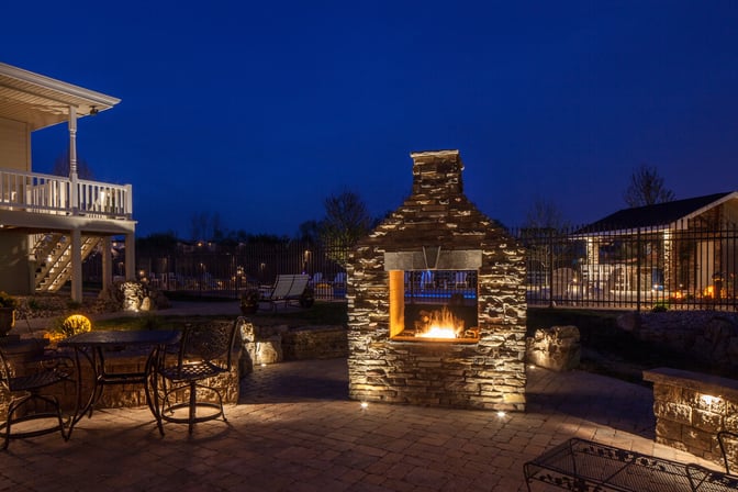 Patio Outdoor Stone Fireplace Lighting Omaha NE McKay Landscape Lighting H  20