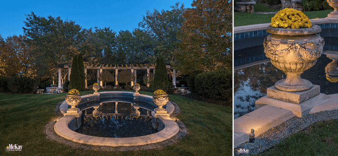 The reflecting pond is a quiet, beautiful space on the property. We used a new, mini uplight to gently light the planting containers along the pond.  Click to learn more about the lighting design... | McKay Landscape Lighting - Omaha, Nebraska