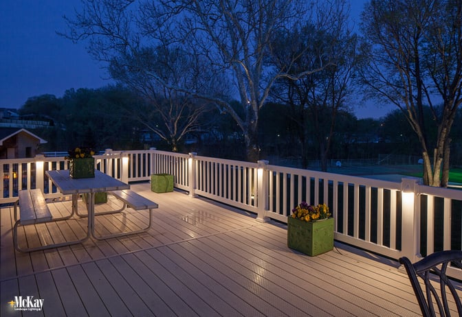 Deck lighting fixtures can be used on deck railings, posts, and stairs. Adding light to the posts of your deck can easily extend the time spent outside while adding safety. Click to learn more... | McKay Landscape Lighting Omaha Nebraska