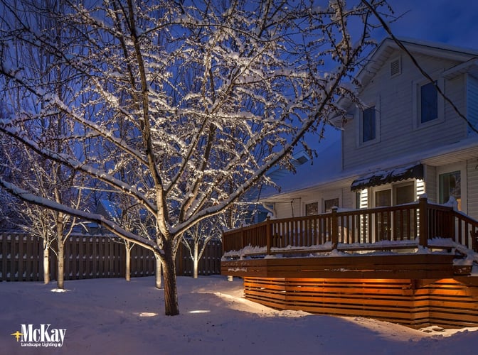 Backyard Deck Lighting in the Winter Omaha Nebraska McKay Landscape Lighting