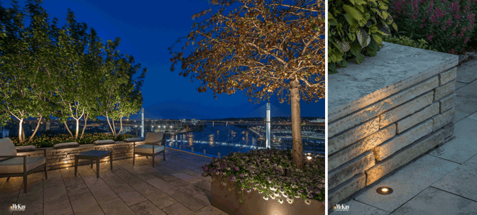 Smaller well lights work great on patios to illuminate planter walls, seat walls, and the home facade. 