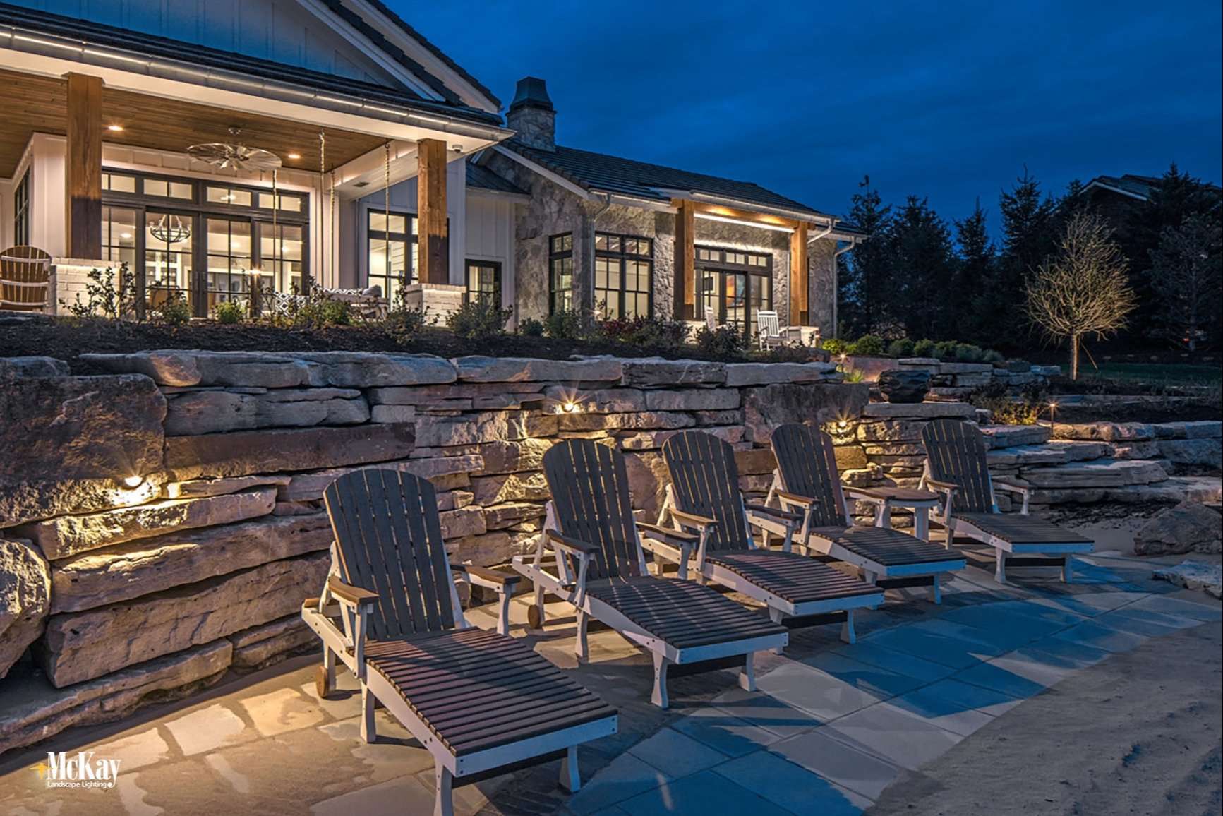 Lake House Seating Retaining Wall Outdoor Lighting - McKay Landscape Lighting Omaha, NE
