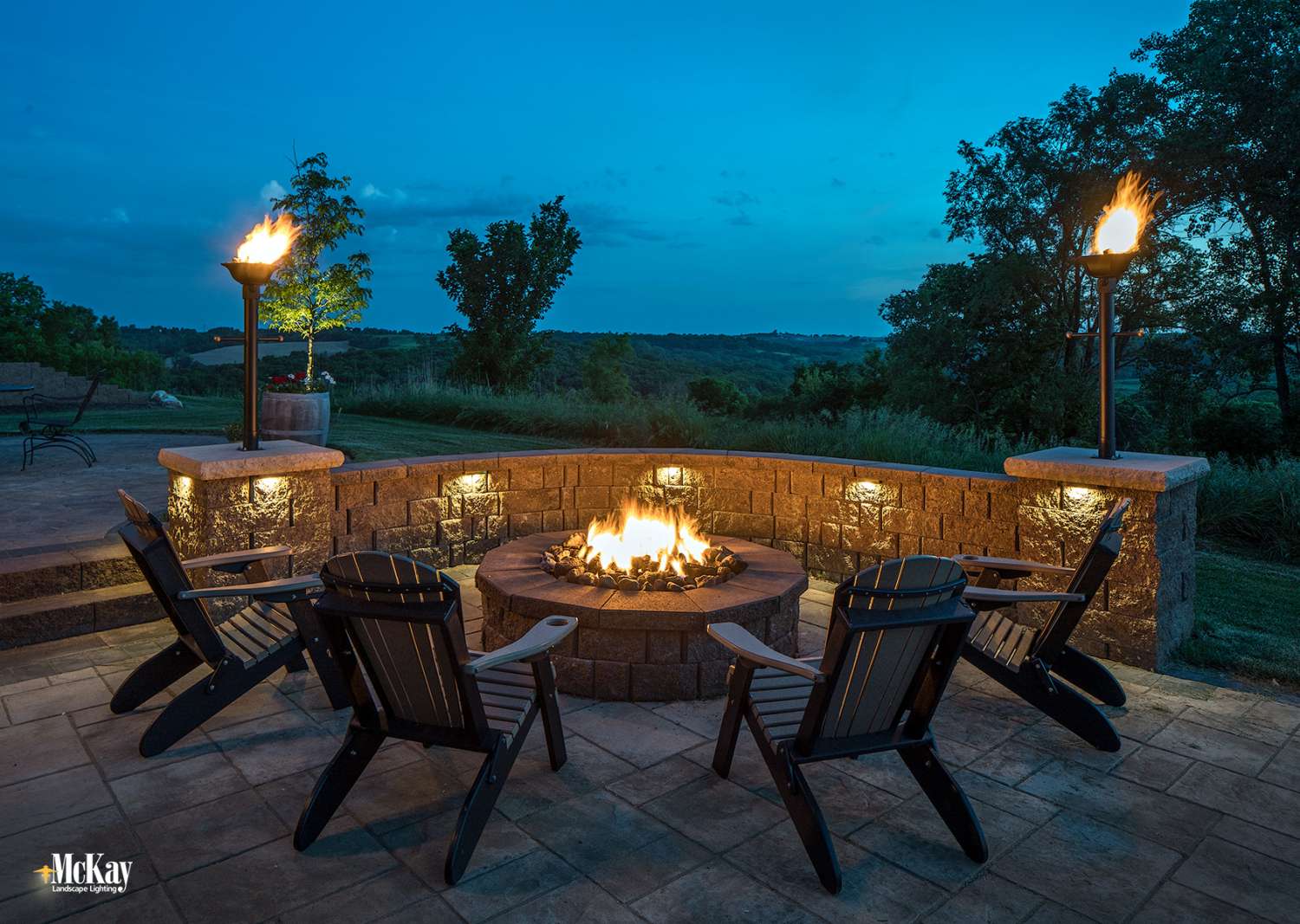 Residential Outdoor Firepit Patio Seatwall Lighting - McKay Landscape Lighting Omaha, NE